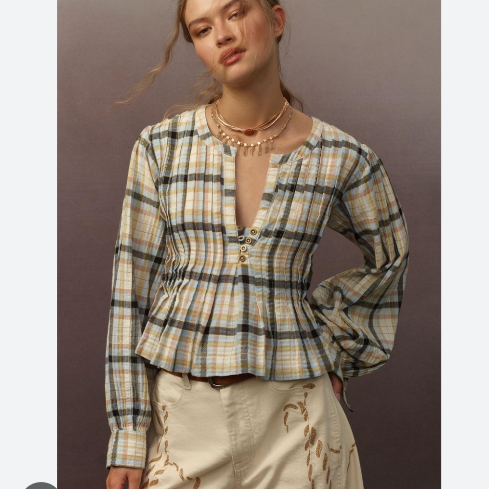 Pilcro Long Sleeve Pleated Plaid Relaxed Swing Blouse Size XL Cotton Elastane - Picture 2 of 15